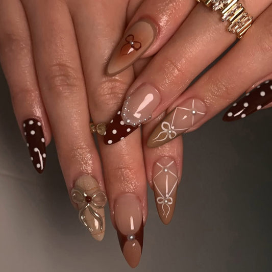 Gingerbread Dream Press On Nail Set Long Almond Brown and Beige with Bow and Polka Dot Accents