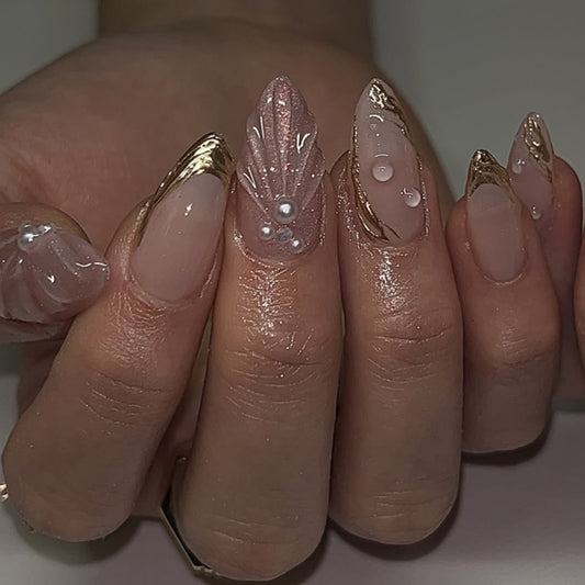 Elegant Garden Inspired Medium Almond Natural Pink with Pearl Accents and Shimmering Gold Trim Press On Nail Set