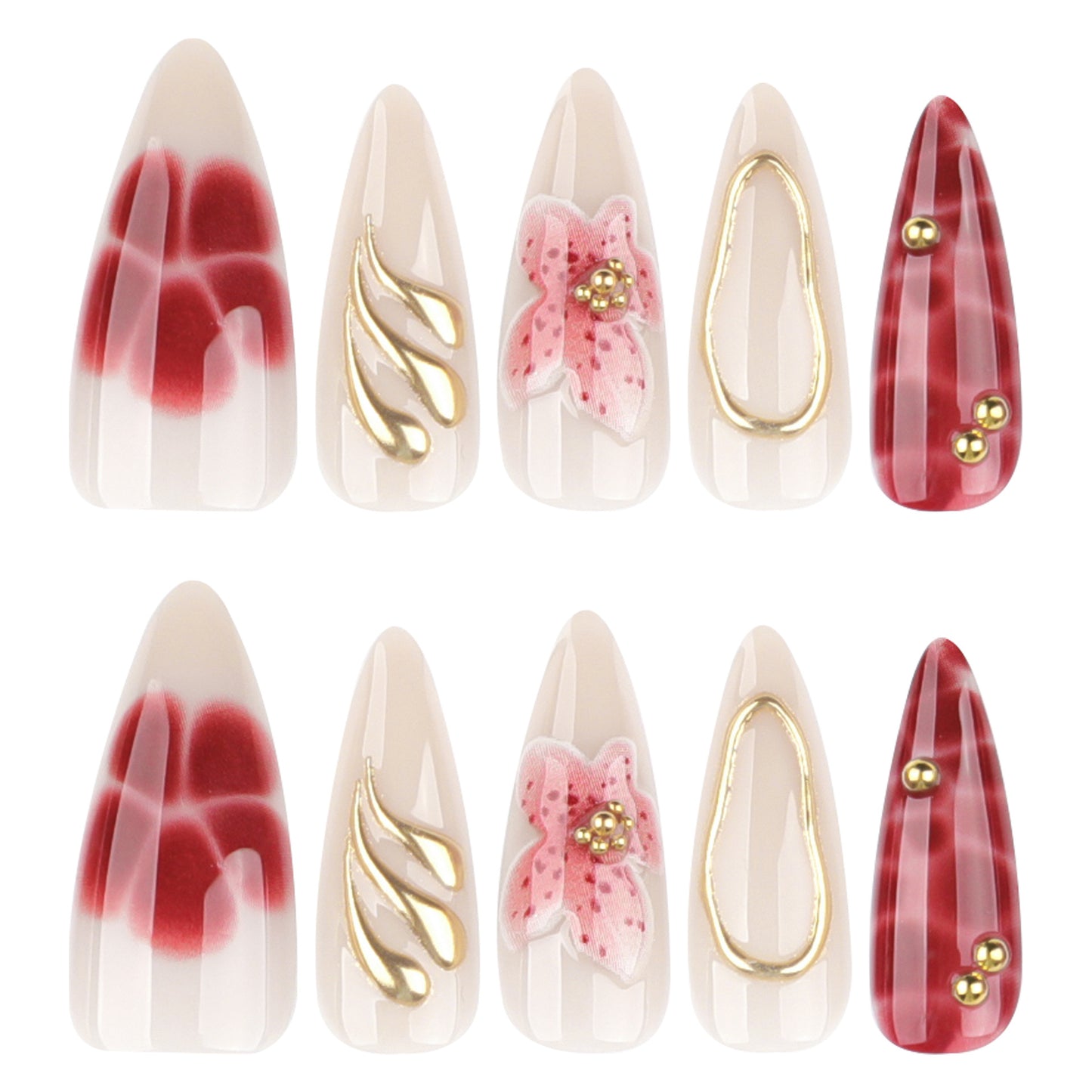 Whimsical Elegance Long Almond Beige Red Floral and Gold Accent Press On Nail Set