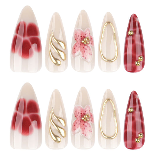 Whimsical Elegance Long Almond Beige Red Floral and Gold Accent Press On Nail Set