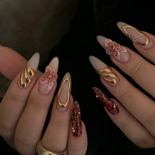 Blossoming Elegance Long Almond Shaped Frosted Pink with Gold Accents and Floral Detail Press-On Nail Set