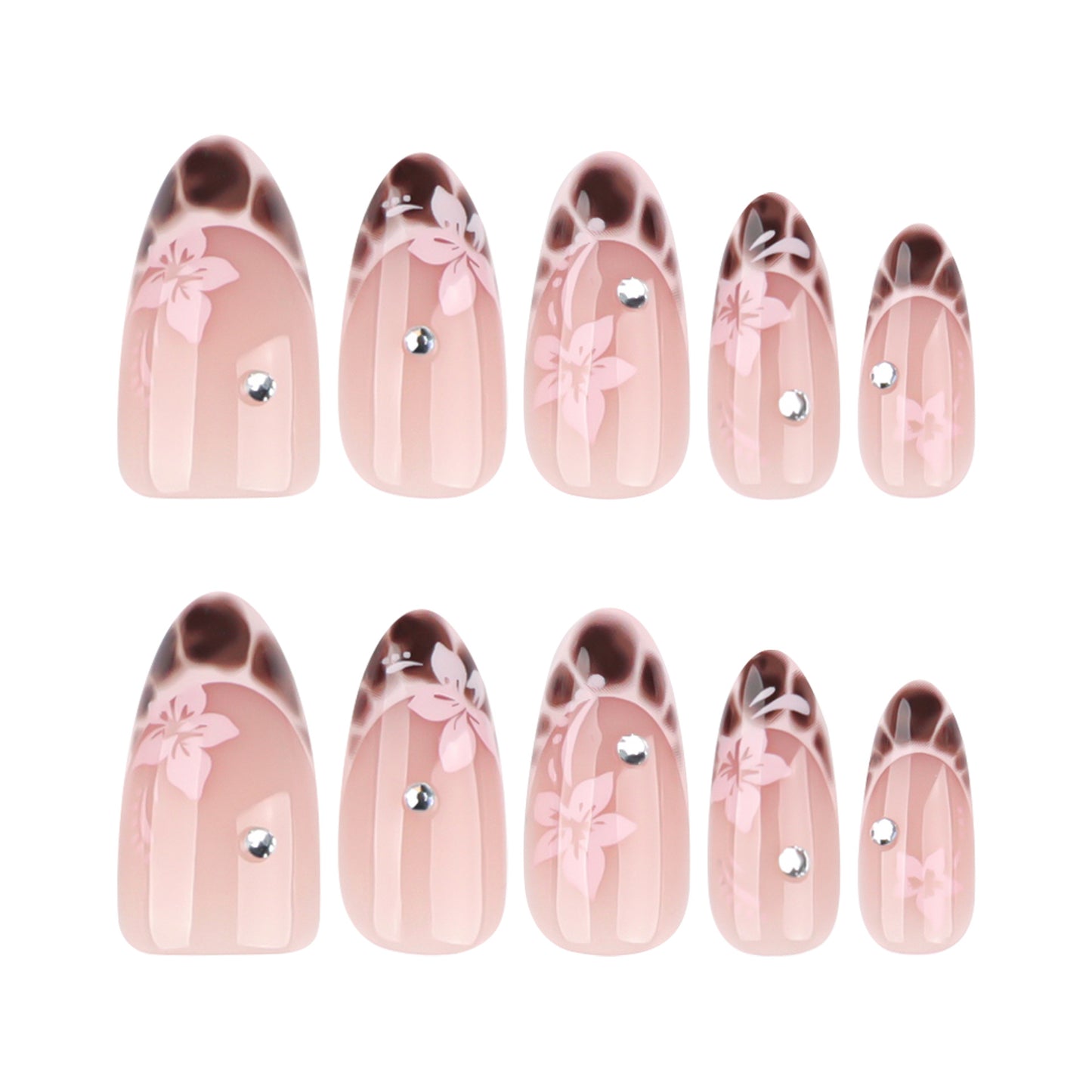 Blossom Elegance Medium Almond Gradient Pink Floral Press On Nail Set with Sparkling Accent