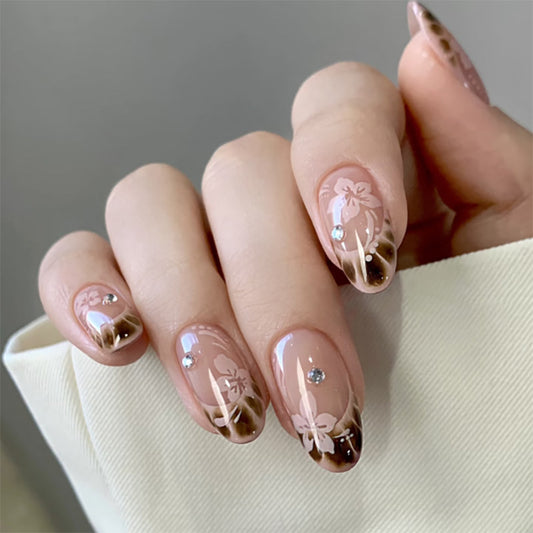Blossom Elegance Medium Almond Pink and Brown Ombre Design with Floral Accents and Gemstone Details Press on Nail Set
