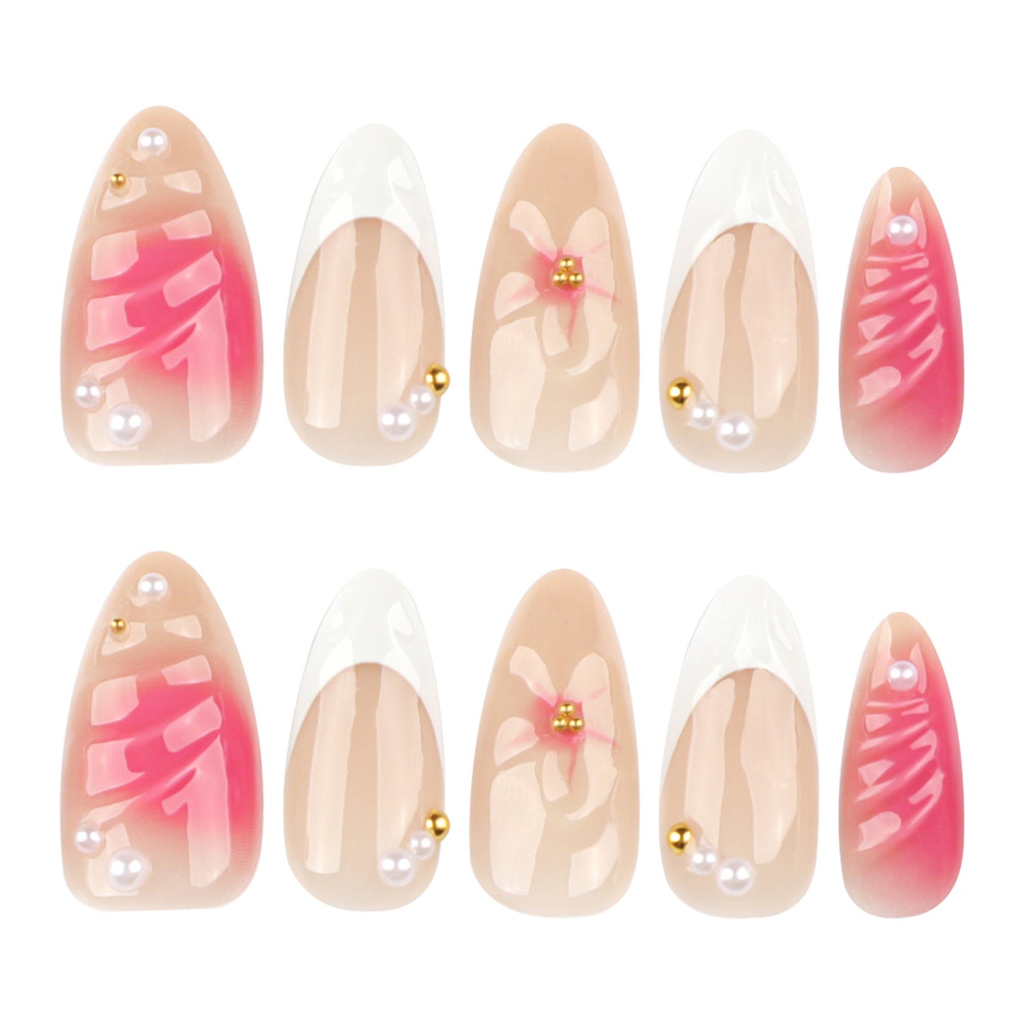 Charming Blossom Press On Nail Set Elegant Medium Almond Shape Soft Pink and Beige Shades with Floral Accents and Pearls
