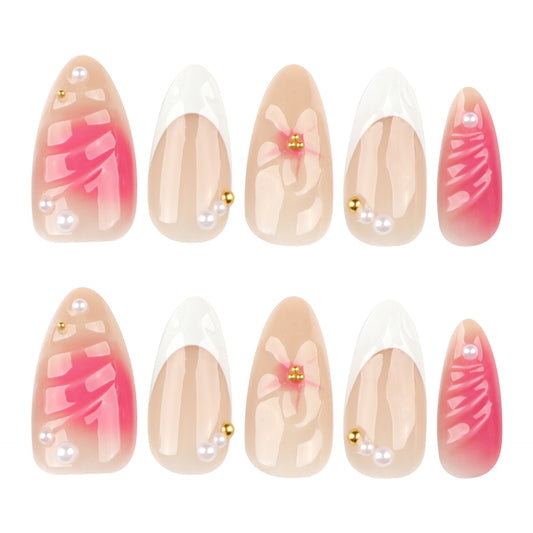 Charming Blossom Press On Nail Set Elegant Medium Almond Shape Soft Pink and Beige Shades with Floral Accents and Pearls