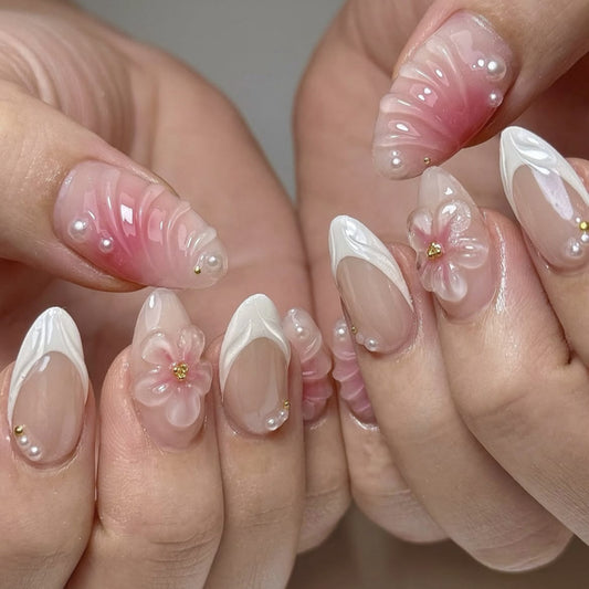 Blossom Dream Press On Nail Set Short Almond Pink Ombre with Floral Accents and Pearl Detailing