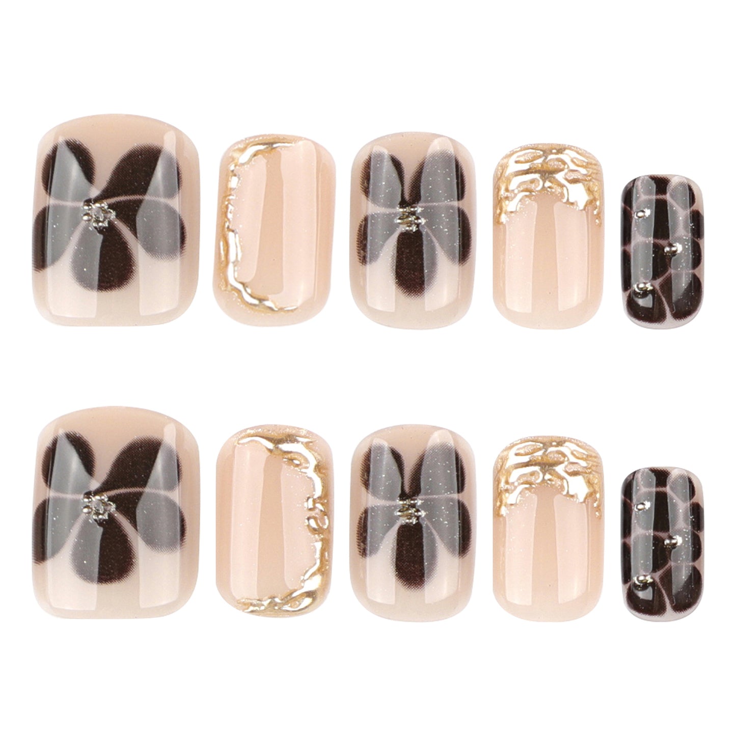 Elegant Floral Vibes Short Square Beige Press On Nail Set with Black Accents and Gold Detailing