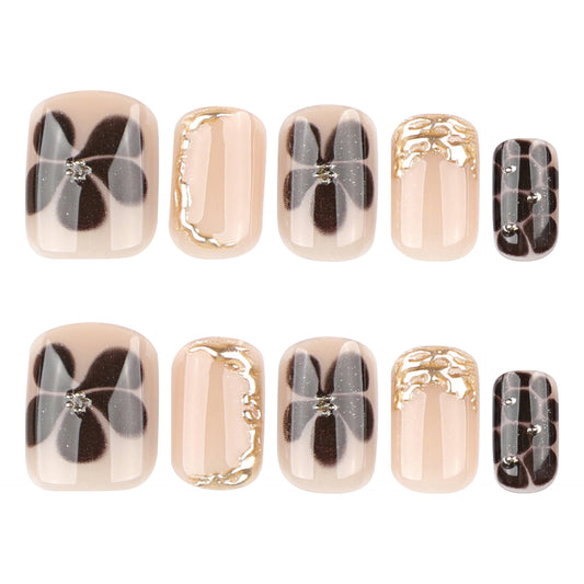 Elegant Floral Vibes Short Square Beige Press On Nail Set with Black Accents and Gold Detailing