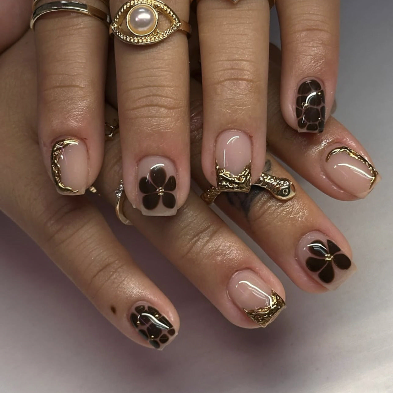 Boho Chic Quaint Short Square Brown Translucent Floral Accent Press On Nail Set
