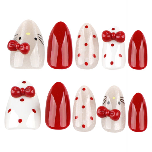 Whimsical Celebration Short Almond Red and White Press On Nail Set with Festive Bow Accents