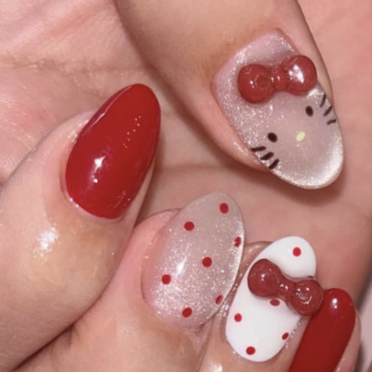 Kawaii Charm Short Almond Red and Clear with Cute Bow and Polka Dots Press On Nail Set