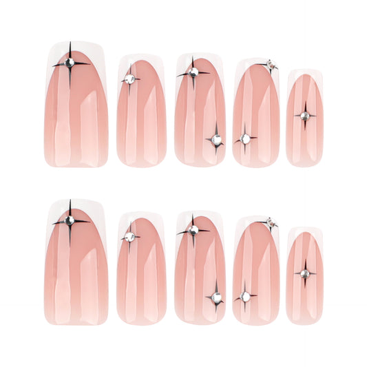 Celestial Chic Medium Square Pink Glossy Press On Nails with Dazzling Star Accents