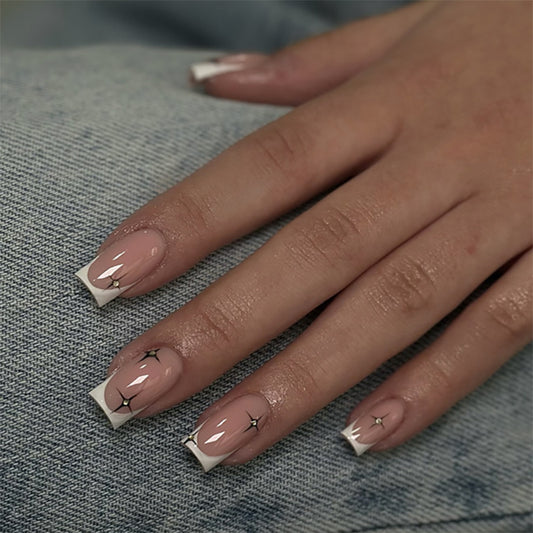 Chic Elegance Medium Square Beige with White Tips and Glamorous Star Accents Press On Nail Set