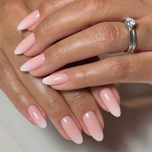 Glamorous Whisper Elegant Long Almond Shaped Soft Pink Ombre Press On Nail Set with High Gloss Finish