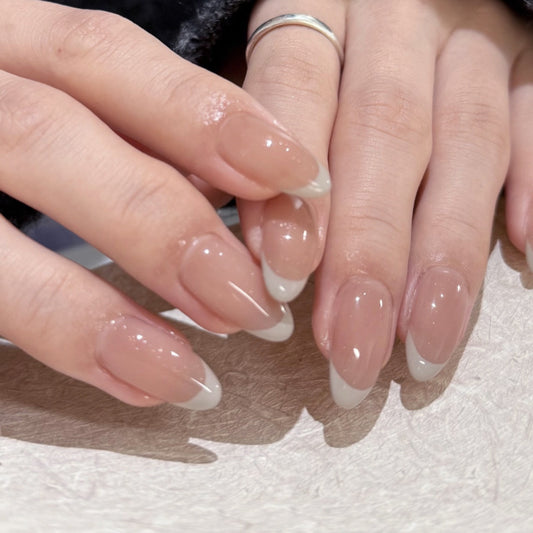 Elegant Blossom Long Almond Beige with French Tips Press On Nail Set