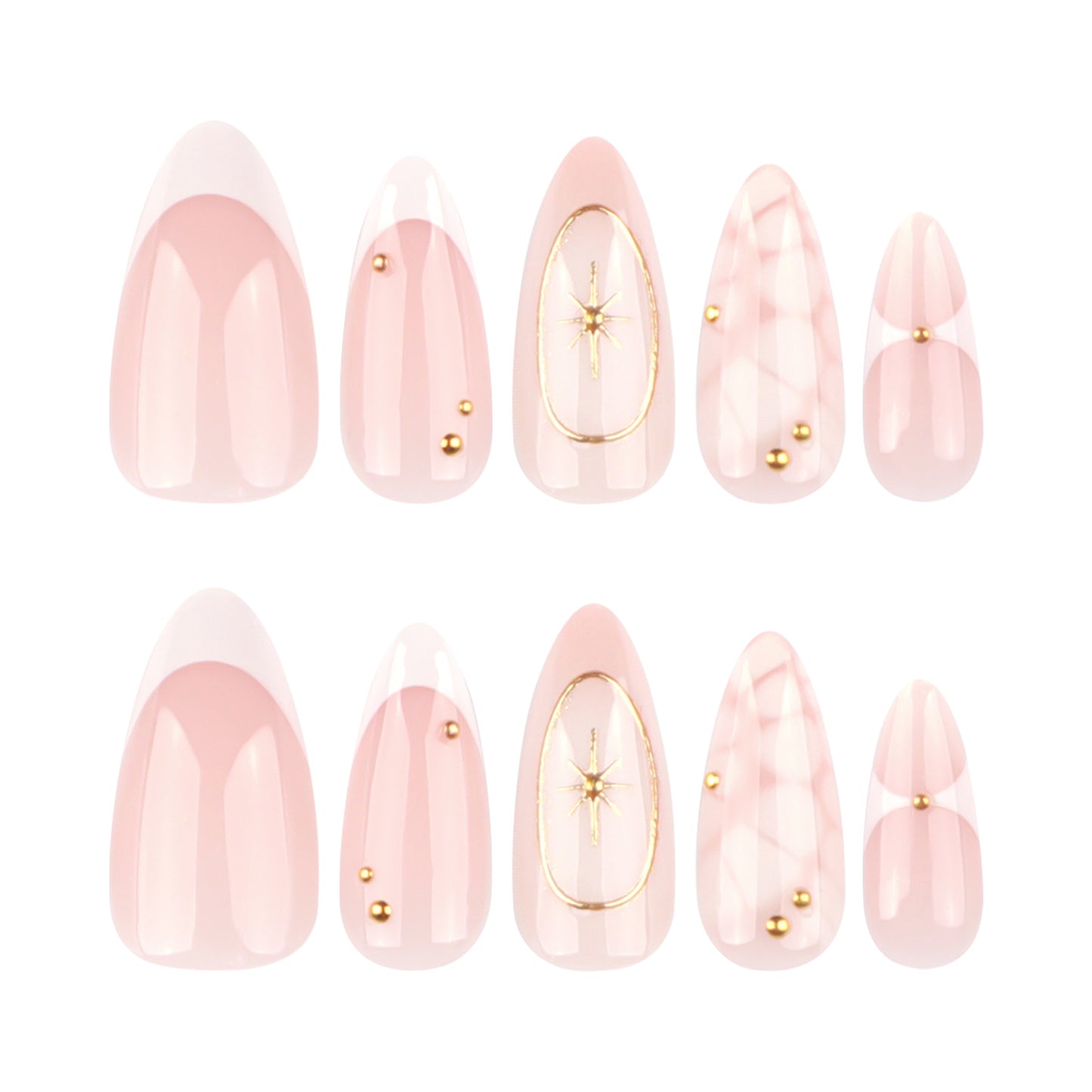 Celestial Elegance Long Almond Shaped Pink Press On Nail Set with Gold Accents and Unique Star Design