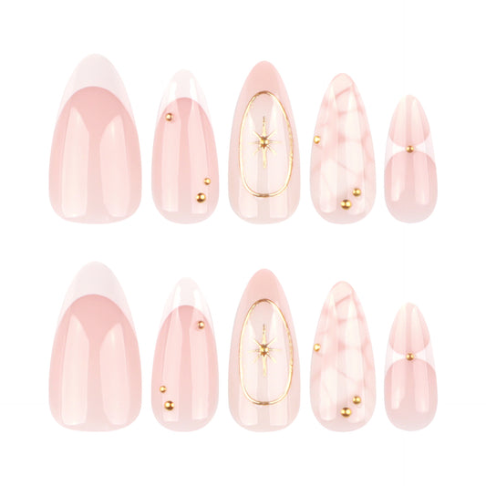 Celestial Elegance Long Almond Shaped Pink Press On Nail Set with Gold Accents and Unique Star Design