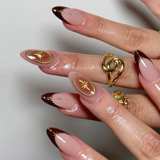 Celestial Elegance Long Almond Shaped Brown and Beige Press On Nail Set with Dazzling Gold Star Accents