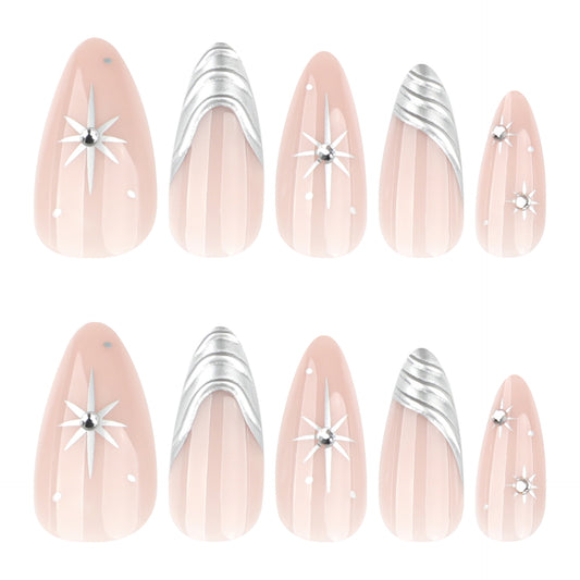 Celestial Elegance Long Almond Peach with Silver Accents and Unique Starburst Design Press-On Nail Set