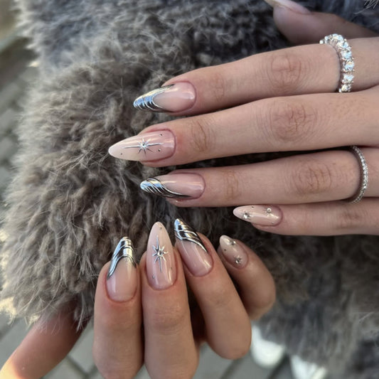 Celestial Elegance Long Almond Shaped Beige and Silver Glitter Accent Press On Nail Set