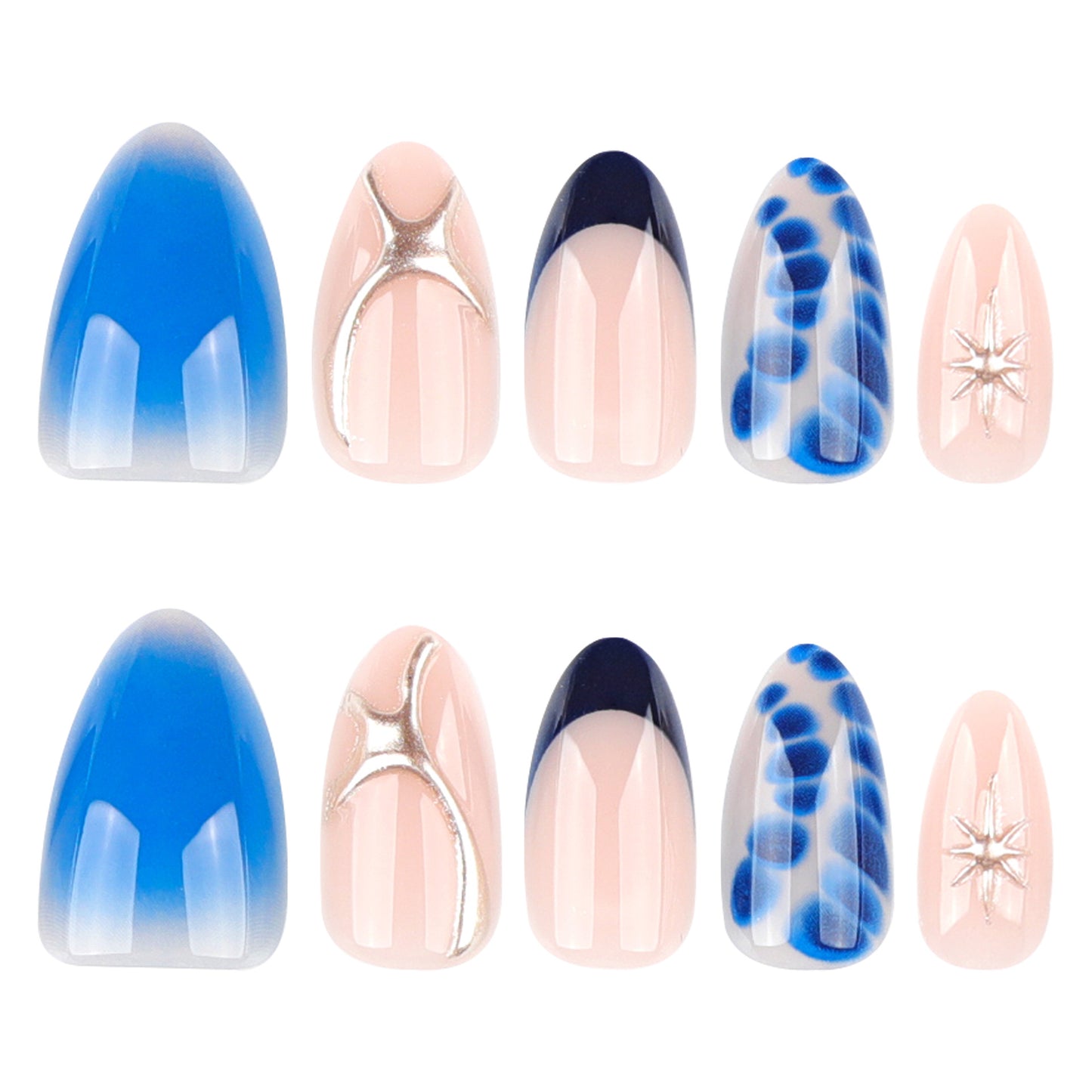 Ocean Breeze Medium Almond Blue Gradient Nail Set with Stunning Metallic Accents and Artistic Dot Design
