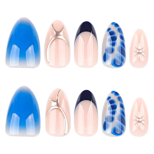 Ocean Breeze Medium Almond Blue Gradient Nail Set with Stunning Metallic Accents and Artistic Dot Design
