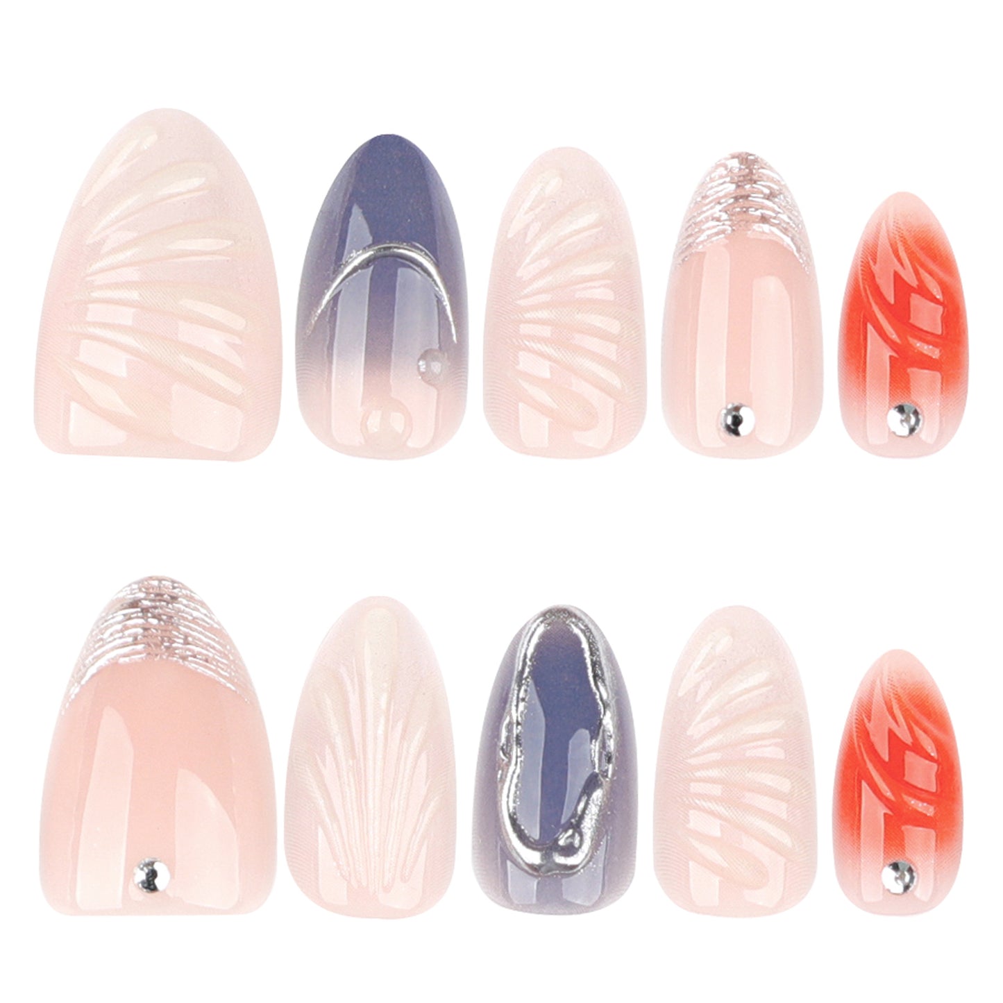 Enchanting Floral Dream Press-On Nail Set in Medium Almond Shape Soft Beige Purple and Red Ombre with Chic Metallic Accents
