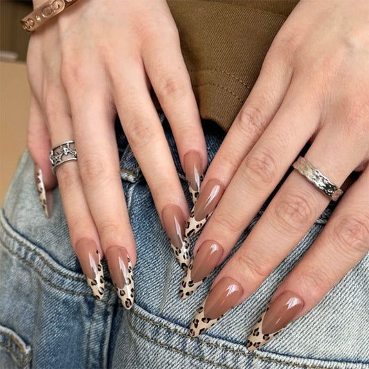 Savannah Vibes Long Almond Shaped Coffee Brown and Leopard Print Press On Nail Set