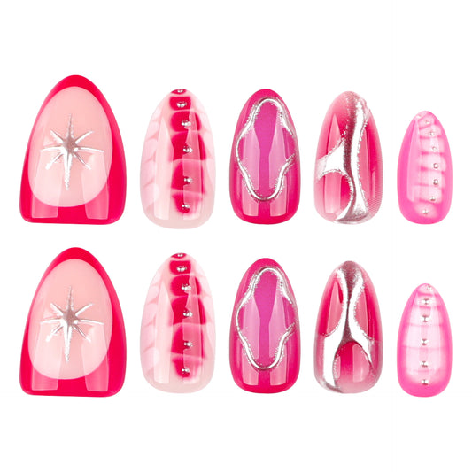 Glamorous Dreamy Medium Almond Press on Nail Set in Bold Pink with Dazzling Starburst Accents and Unique Geometric Patterns