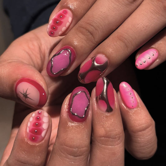 Whimsical Romance Medium Oval Pink Vibrant Design with Metallic Accents Press On Nail Set