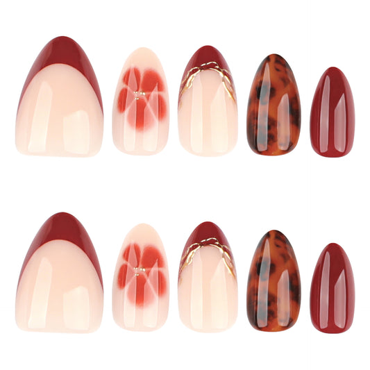 Autumn Elegance Press On Nail Set Medium Almond Burgundy with Floral and Tortoiseshell Accents