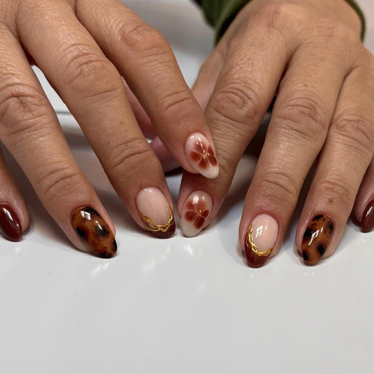 Bohemian Charm Medium Almond Terracotta Brown with Floral Accents and Gold Detailing Press On Nail Set