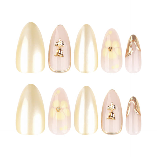 Whimsical Elegance Medium Almond Shaped Shimmering Gold and Floral Design Press On Nail Set