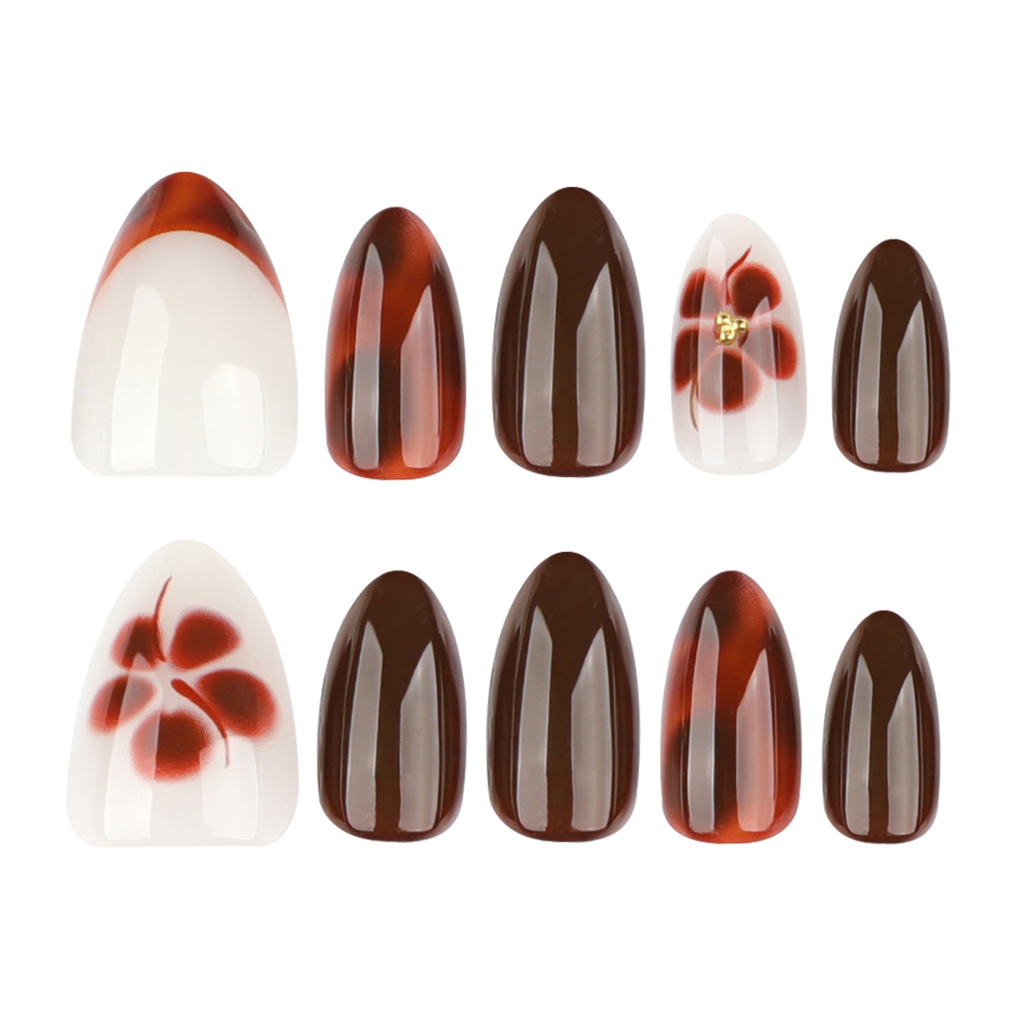 Autumn Bliss Elegant Medium Almond and Oval Press-On Nail Set in Rich Brown with Delicate Floral Accents