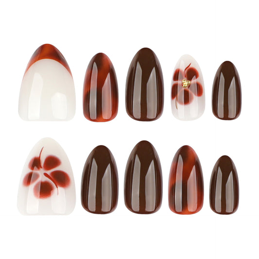Autumn Bliss Elegant Medium Almond and Oval Press-On Nail Set in Rich Brown with Delicate Floral Accents