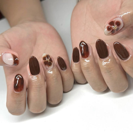 Autumn Elegance Sleek Medium Almond Brown Press On Nail Set with Floral Accents