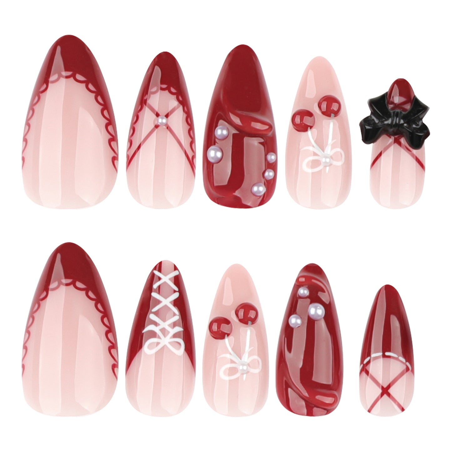 Chic Romance Long Almond Red and Pink Press On Nail Set with Unique Bow and Pearl Designs