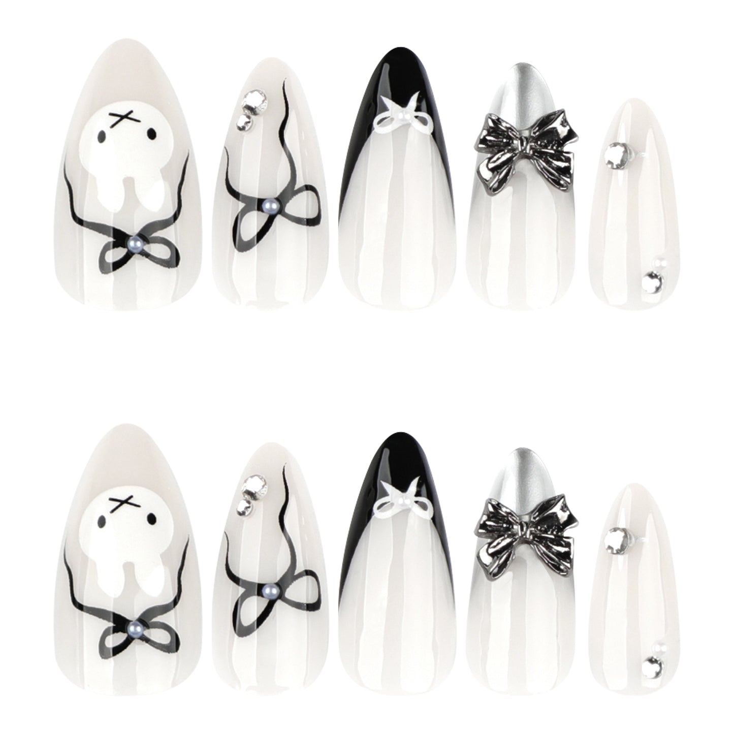 Whimsical Elegance Press-On Nail Set Long Almond Shape Black and White with Charming Bow and Accent Gems