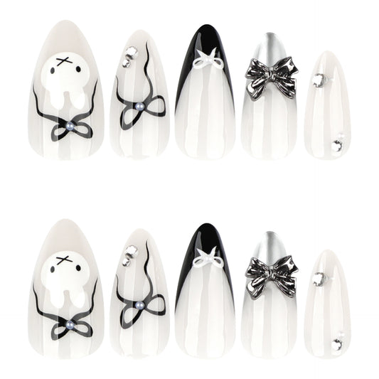 Whimsical Elegance Press-On Nail Set Long Almond Shape Black and White with Charming Bow and Accent Gems