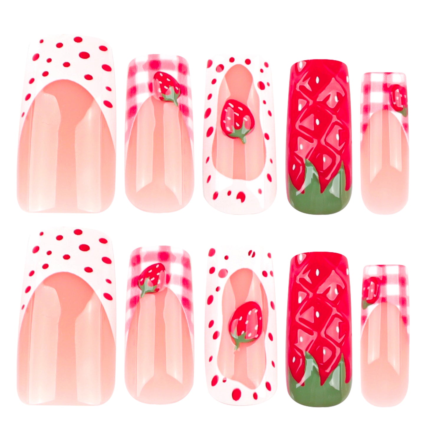 Berry Bliss Charming Long Square Red Strawberry Design Press-On Nail Set