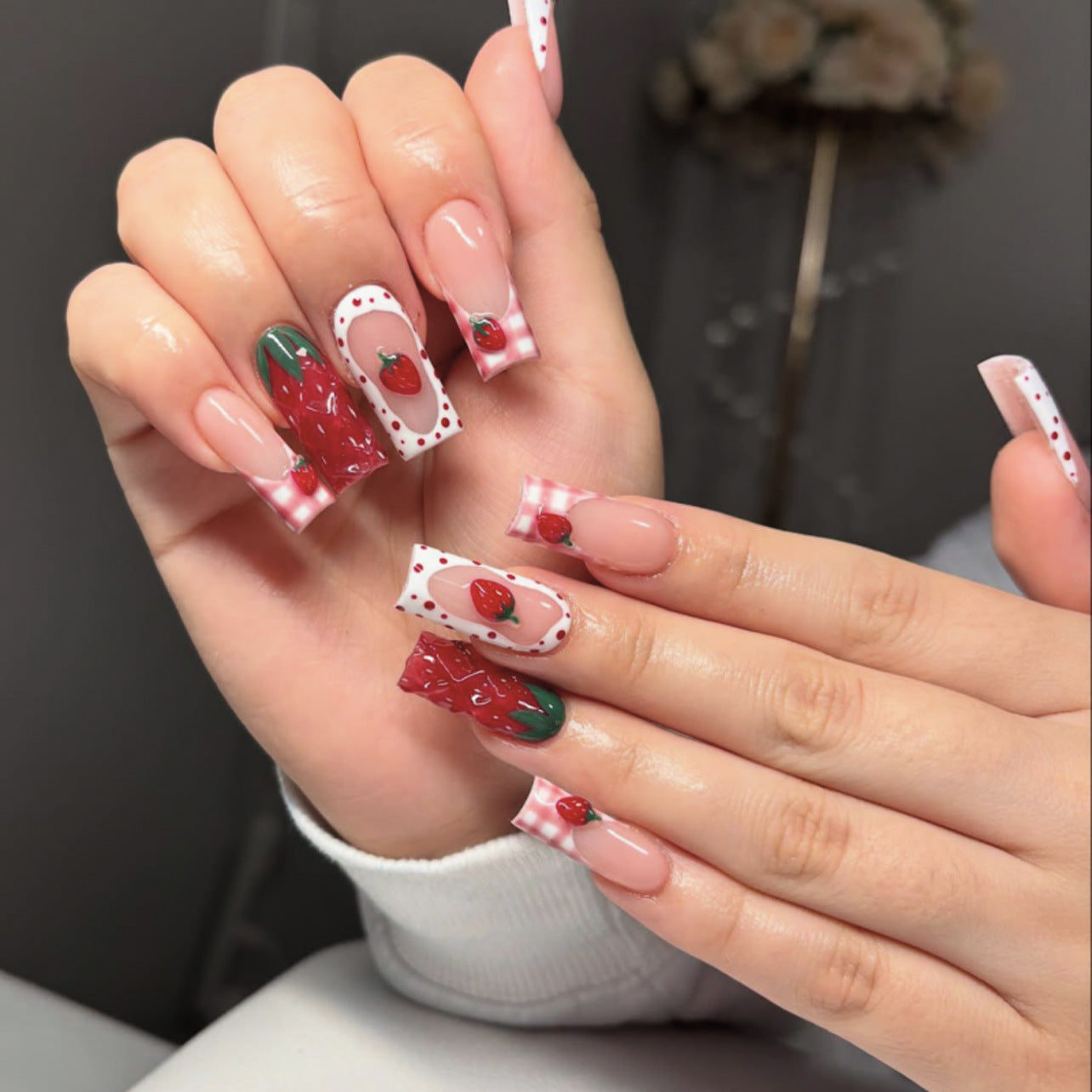 Strawberry Delight Long Square Pink and White Nails with Vibrant Strawberry Art