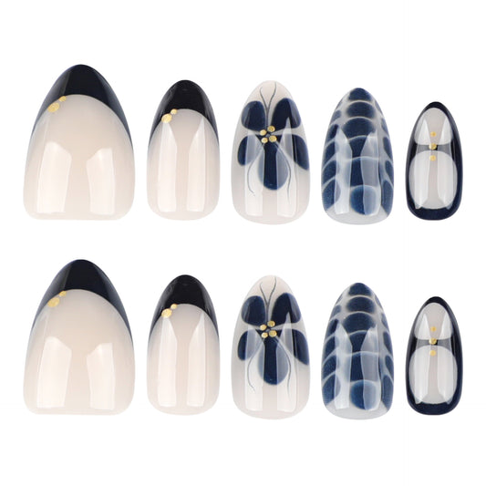 Nautical Elegance Short Almond Navy and Cream Press on Nail Set with Delicate Floral Accents
