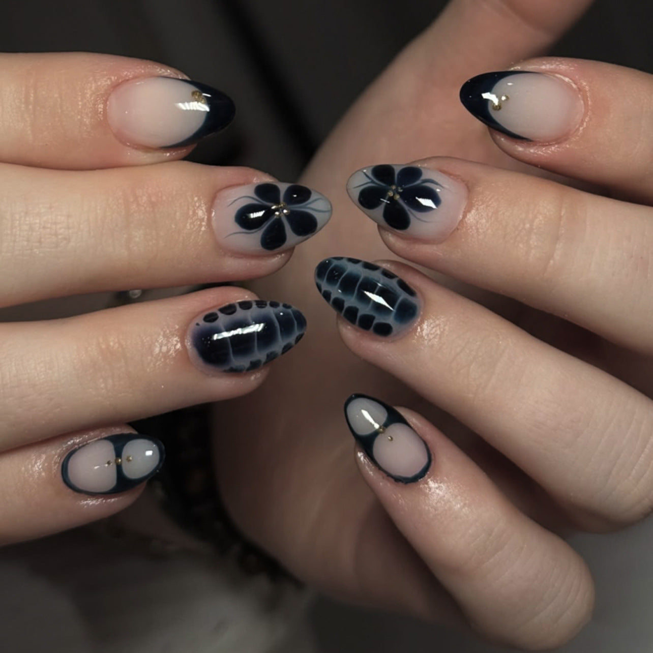 Mystical Midnight Charm Short Almond Glossy Navy Floral Art Press On Nail Set