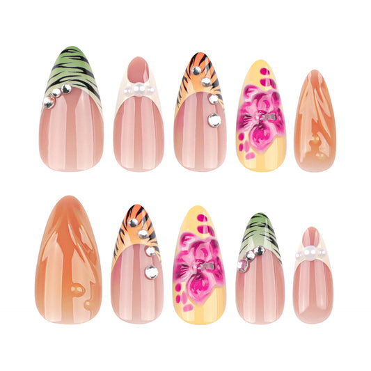 Tropical Paradise Medium Almond Pink and Orange Decorative Press On Nail Set with Floral and Rhinestone Accents