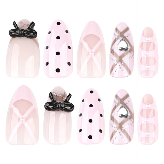 Charming Elegance Medium Almond Pink Press On Nail Set with Cute Bow and Dotted Designs