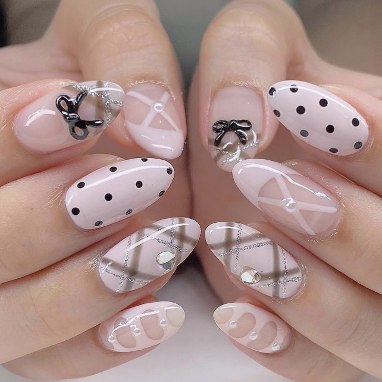 Chic Elegance Medium Almond Pink Press On Nail Set with Polka Dots and Decorative Bows