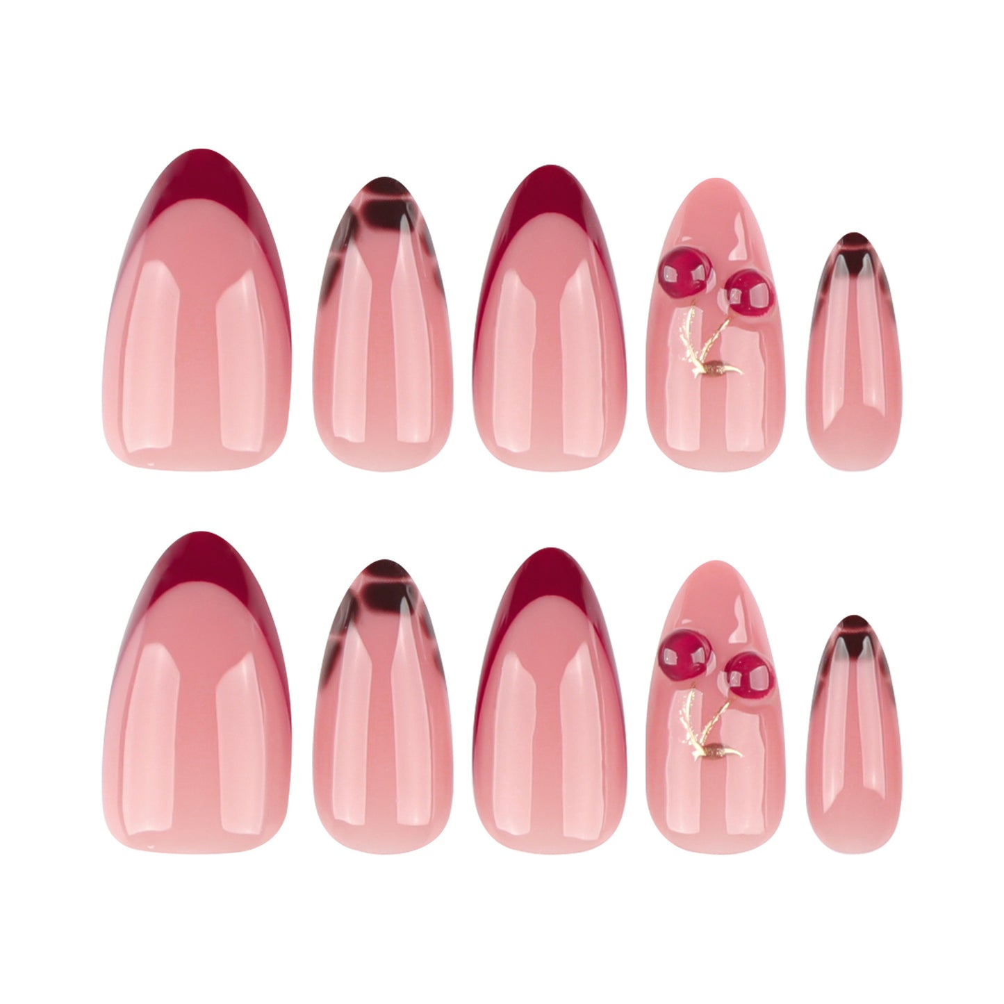 Chic Blossom Medium Almond Pink Press On Nail Set with Elegant Gold Accents