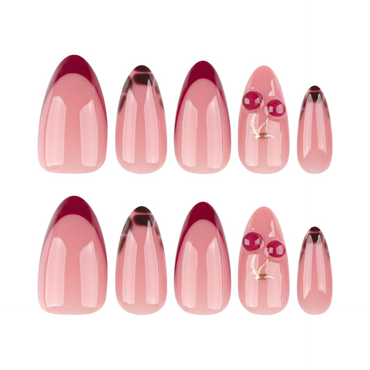 Chic Blossom Medium Almond Pink Press On Nail Set with Elegant Gold Accents