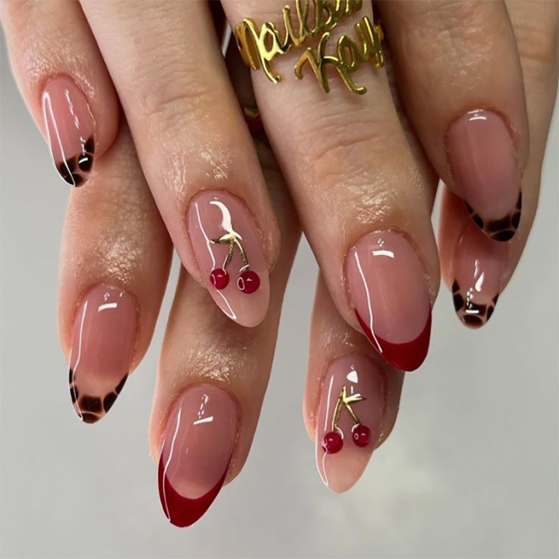 Cherry Blossom Elegance Medium Almond Red and Beige Gradient with Charming Cherry Accent Press On Nail Set