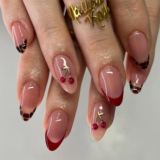 Cherry Blossom Elegance Medium Almond Red and Beige Gradient with Charming Cherry Accent Press On Nail Set
